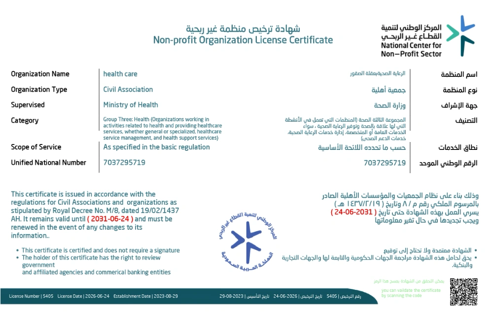 شهادة تسجيل الجمعية لدى المركز الوطني لتنمية القطاع غير الربحي برقم 5405